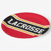 LACROSSE Bright Red Black Yellow Racing Stripes Pappteller (Schrägansicht)