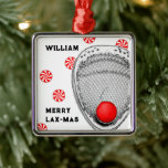 Lacrosse Goalie Christmas Ornament Aus Metall<br><div class="desc">Einzigartiges Lacrosse Weihnachtsgeschenk für Ihren Lieblings-Laxgürtel. Text bearbeiten,  um ihn zu personalisieren.</div>