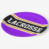 LACROSSE Lila, schwarz-gelbe Racing Streifen Pappteller (Schrägansicht)