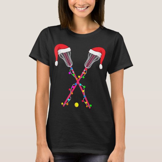 Lacrosse Santa Hat Christmas Lights Fun Sport Xmas T-Shirt (Vorderseite)