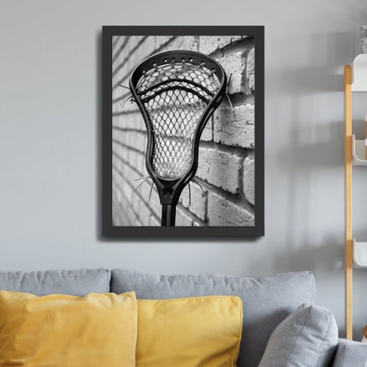Lacrosse-Schlägerkopf Schwarz Weiß Backsteinmauer Poster