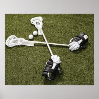 Lacrosse Sticks, Handschuhe und Bälle auf künstlic Poster