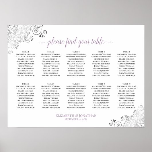 Lacy 10 Table Wedding Seating Chart White Lavender Poster (Vorne)