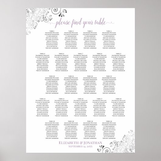 Lacy 22 Table Wedding Seating Chart White Lavender Poster (Vorne)