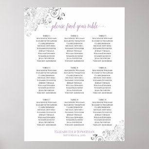 Lacy 9 Table Wedding Chart White Lavender Poster