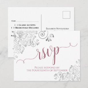 Lacy Calligraphy Dusty Rose White Wedding RSVP Postkarte