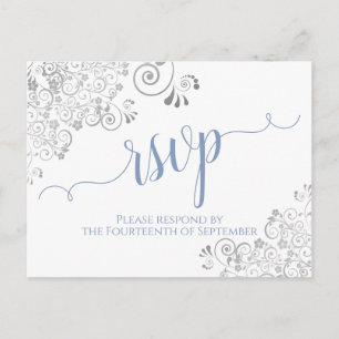 Lacy Calligraphy Light Blue on White Wedding RSVP Postkarte