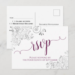 Lacy Calligraphy Magenta & White Wedding RSVP Postkarte