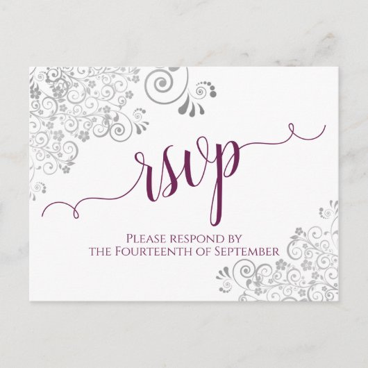 Lacy Calligraphy Magenta & White Wedding RSVP Postkarte (Vorderseite)