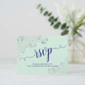 Lacy Calligraphy Navy Blue on Mint Wedding RSVP Postkarte (Stehend Vorderseite)