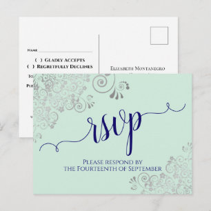 Lacy Calligraphy Navy Blue on Mint Wedding RSVP Postkarte