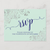 Lacy Calligraphy Navy Blue on Mint Wedding RSVP Postkarte (Vorderseite)