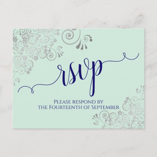Lacy Calligraphy Navy Blue on Mint Wedding RSVP Postkarte (Vorderseite)