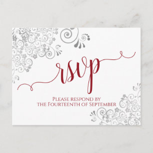 Lacy Calligraphy Red & White Wedding RSVP Postkarte