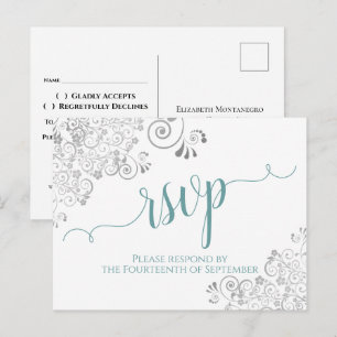 Lacy Calligraphy Teal & White Wedding RSVP Postkarte