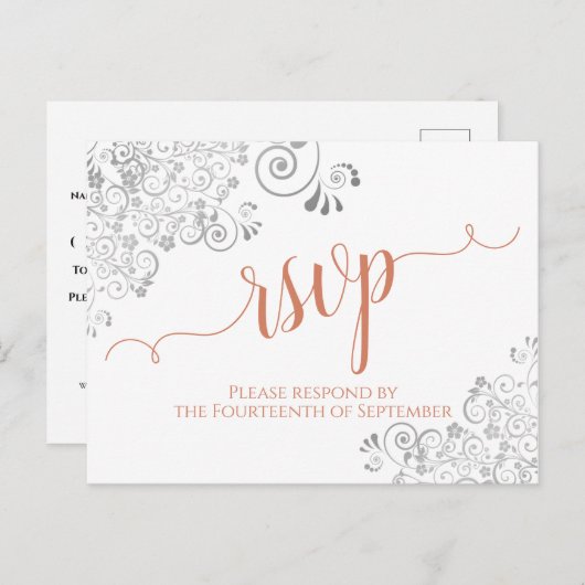 Lacy Calligraphy Terracotta on White Wedding RSVP Postkarte (Vorne/Hinten)
