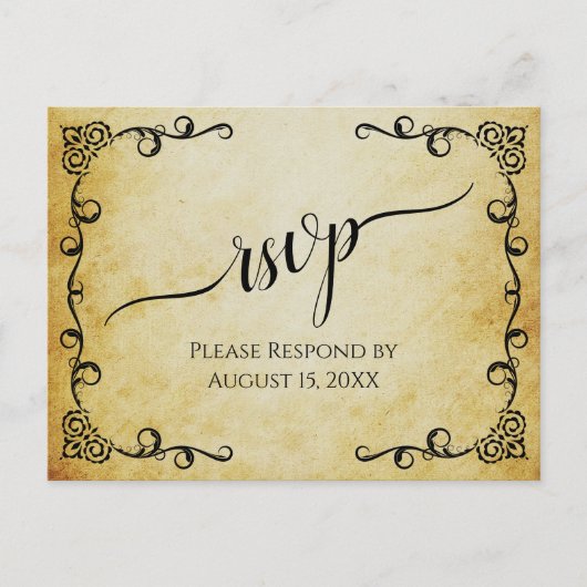 Lacy Calligraphy Vintag Parchment Wedding RSVP Postkarte (Vorderseite)