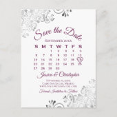 Lacy Cassis Lila Wedding Save the Date Calendar Ankündigungspostkarte (Vorderseite)
