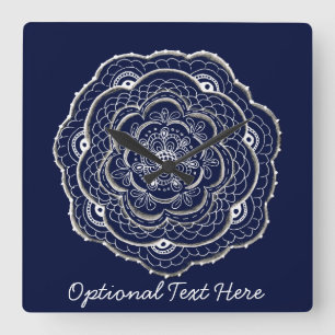 Lacy Crochet Look Doily Hand Drawn Flower Doodle Quadratische Wanduhr