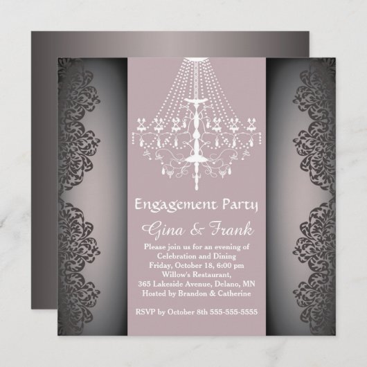 Lacy Damask-Muster, Kronleuchter Engagement Party Einladung (Vorne/Hinten)