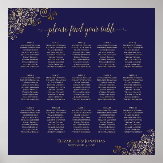 Lacy Gold 15 Table Wedding Seating Chart Navy Blue Poster (Vorne)