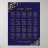 Lacy Gold 20 Table Navy Blue Wedding Seating Chart Poster (Vorne)
