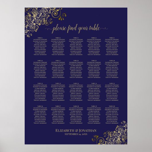 Lacy Gold 20 Table Navy Blue Wedding Seating Chart Poster (Vorne)