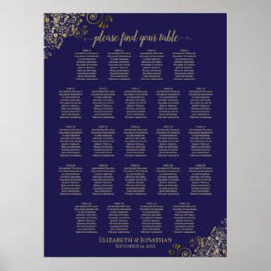Lacy Gold 23 Table Wedding Seating Chart Navy Blue Poster
