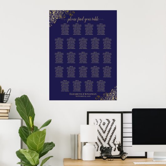 Lacy Gold 23 Table Wedding Seating Chart Navy Blue Poster (Heimbüro)