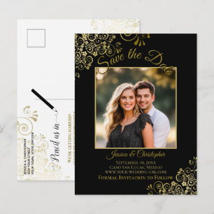 Lacy Gold auf Black Wedding Save the Date Foto Ankündigungspostkarte