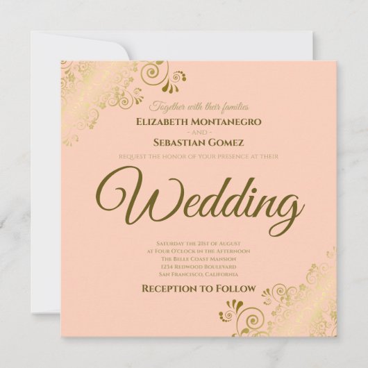 Lacy Gold auf Coral Peach Elegante Square Hochzeit Einladung (Vorderseite)