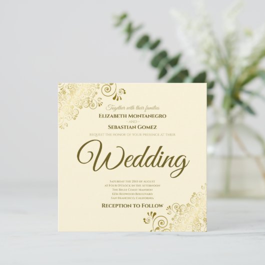 Lacy Gold auf Elfenbeinküste Hochzeitsfeier Einladung (Stehend Vorderseite)