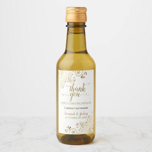 Lacy Gold auf White Wedding Danke Mini Weinetikett (Vorderseite)