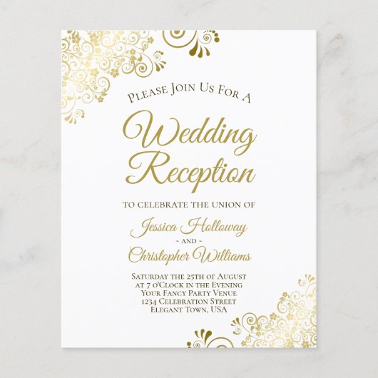 Lacy Gold Budget White Wedeption Einladung (Vorderseite)