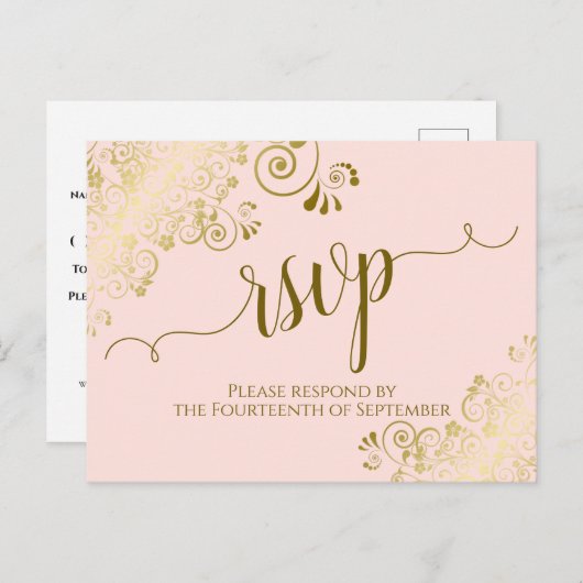 Lacy Gold Calligraphy Blush Pink Wedding RSVP Postkarte (Vorne/Hinten)