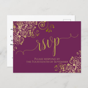 Lacy Gold Calligraphy Cassis Lila Wedding RSVP Postkarte