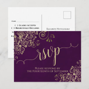 Lacy Gold Calligraphy Elegant Lila Wedding RSVP Postkarte