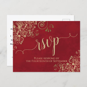 Lacy Gold Calligraphy Elegant Red Wedding RSVP Postkarte