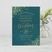 Lacy Gold Calligraphy Elegant Teal Wedding Einladung (Stehend Vorderseite)
