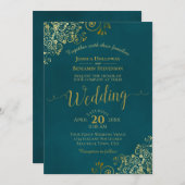 Lacy Gold Calligraphy Elegant Teal Wedding Einladung (Vorne/Hinten)