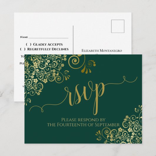 Lacy Gold Calligraphy Emerald Green Wedding RSVP Postkarte (Vorne/Hinten)