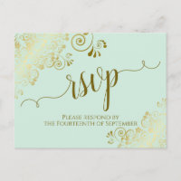 Lacy Gold Calligraphy Pale Mint Green Wedding RSVP