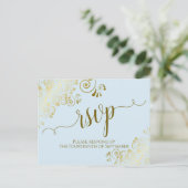 Lacy Gold Calligraphy Powder Blue Wedding RSVP Postkarte (Stehend Vorderseite)