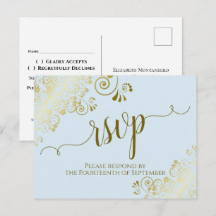 Lacy Gold Calligraphy Powder Blue Wedding RSVP Postkarte