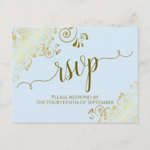 Lacy Gold Calligraphy Powder Blue Wedding RSVP Postkarte