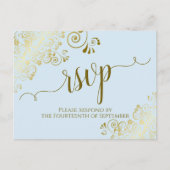 Lacy Gold Calligraphy Powder Blue Wedding RSVP Postkarte (Vorderseite)