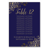 Lacy Gold Elegant Blue Wedding Seating Chart Tischnummer (Rückseite)