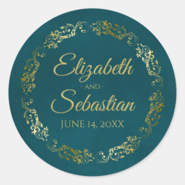 Lacy Gold Filigree Elegant Dark Teal Wedding Names Runder Aufkleber