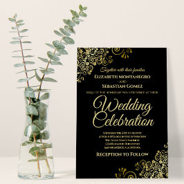 Lacy Gold Filigree on Black Simple Elegant Wedding Einladung