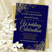 Lacy Gold Filigree on Navy Simple Elegant Wedding Einladung